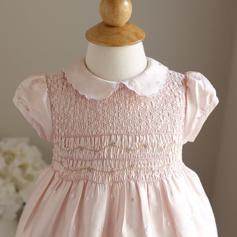 Pink Smocked Silk Dress Size 12 Months Hand Embroidery Special Occasion GORGEOUS
